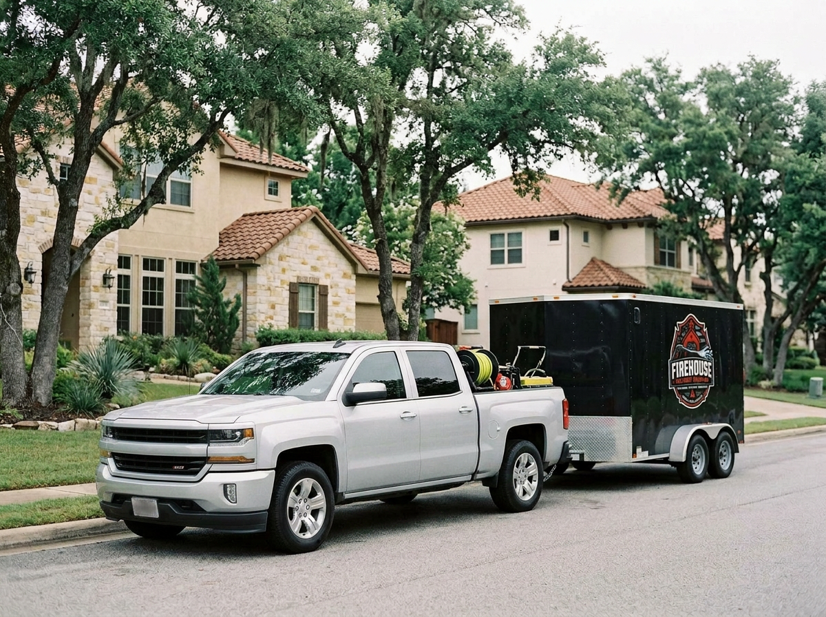 A silver pickup truck parked on a suburban street with a large black trailer attached, labeled 'Firehouse' with a logo, in front of a house with beige stucco walls, a tiled roof, and a well-maintained yard with trees and bushes.