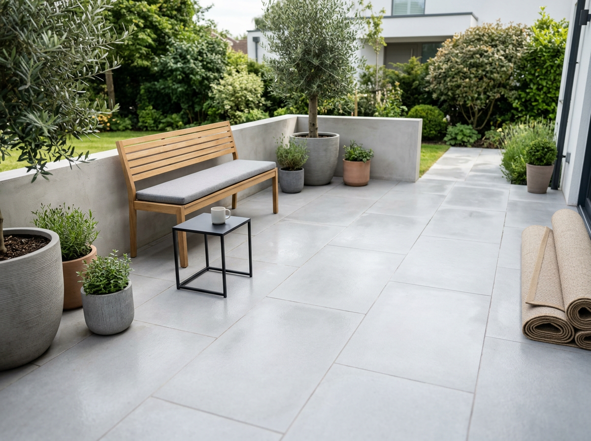 Modern outdoor balcony with potted plants, a wooden bench with cushion, a small black side table with a cup, and rolled-up beige mat, overlooking a lush garden with trees and shrubs.