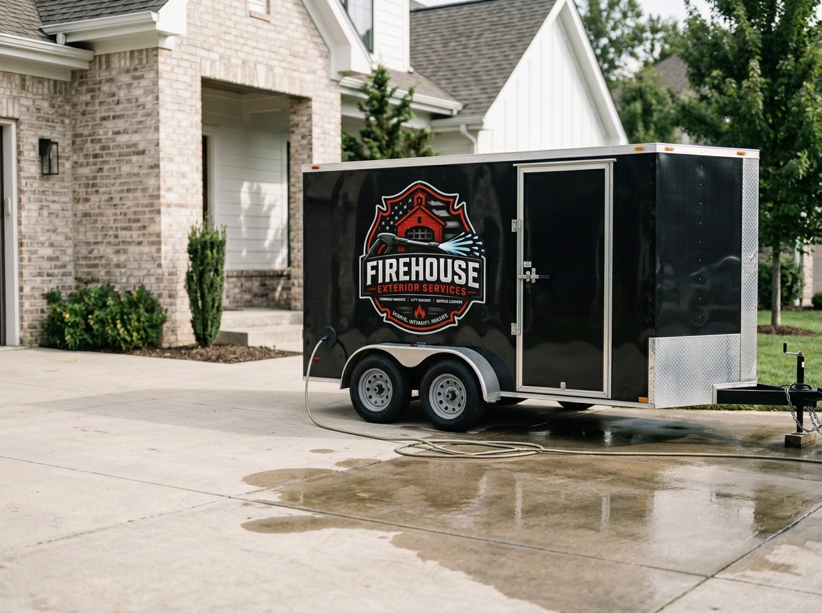 A black utility trailer parked on a concrete driveway in front of a house with a brick exterior. The trailer has a logo that says "Firehouse Exterior Services" with a firehouse and hose illustration. It is connected to a water hose, and there are reflections of the wet driveway on the surface.