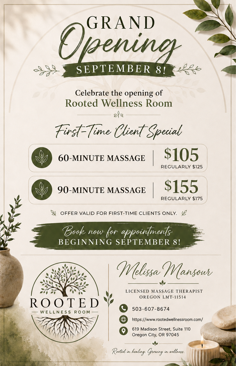 Join us September 8, 2026 for our grand opening. New clients special 60 minute massage for $105 or 90 minute massage for $155