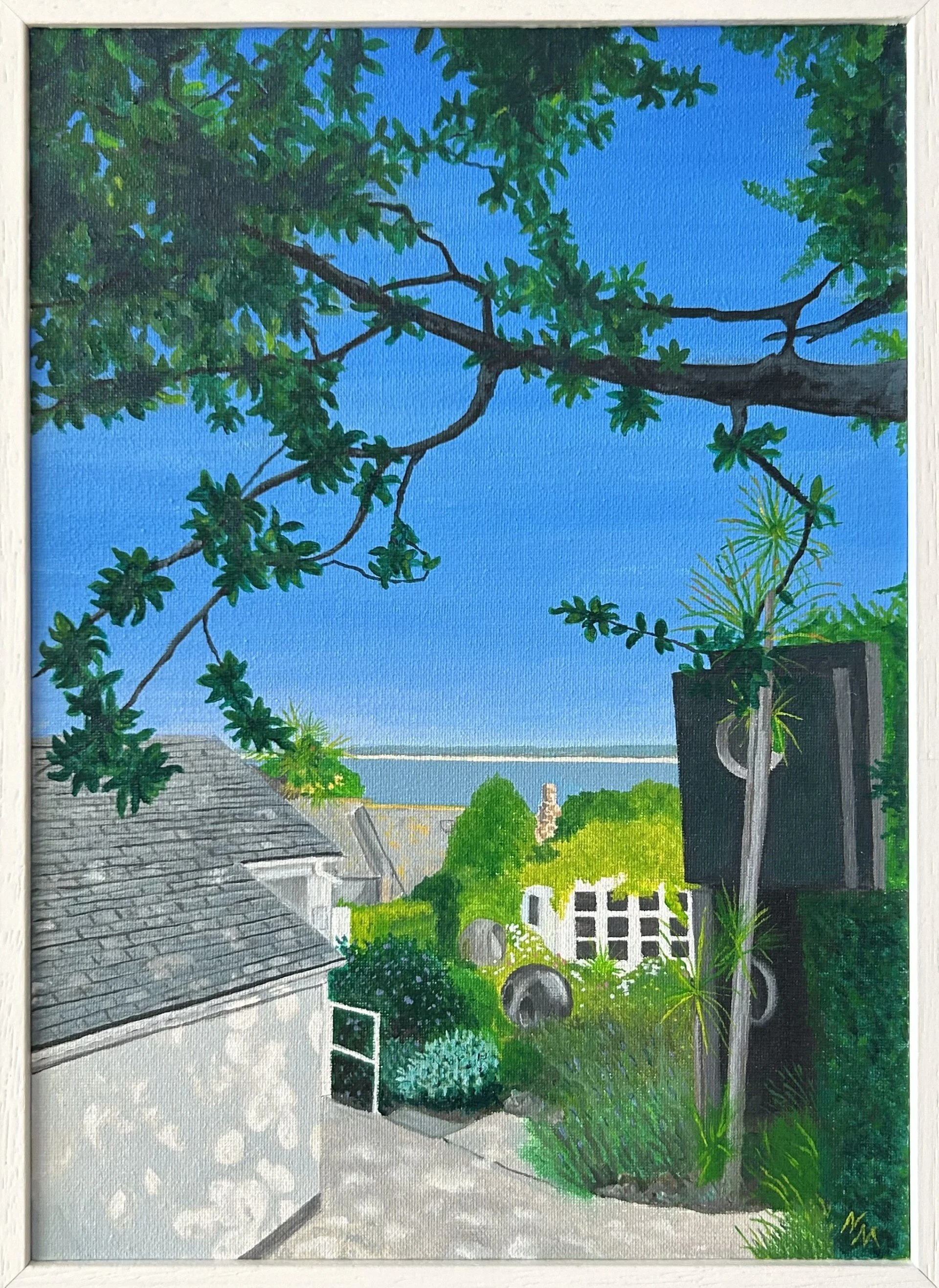 Painting of Barbara Hepworth sculpture garden, St Ives bay; a backgarden scene with a gray roof, green bushes, a white fence, 20th century British sculpture and leafy trees against a blue Cornish sky.