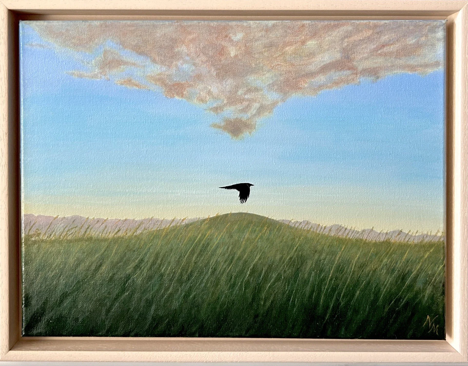 A Cornish landscape painting of a raven flying over a grassy field at bronze age site with a cloudy sky in the background.
