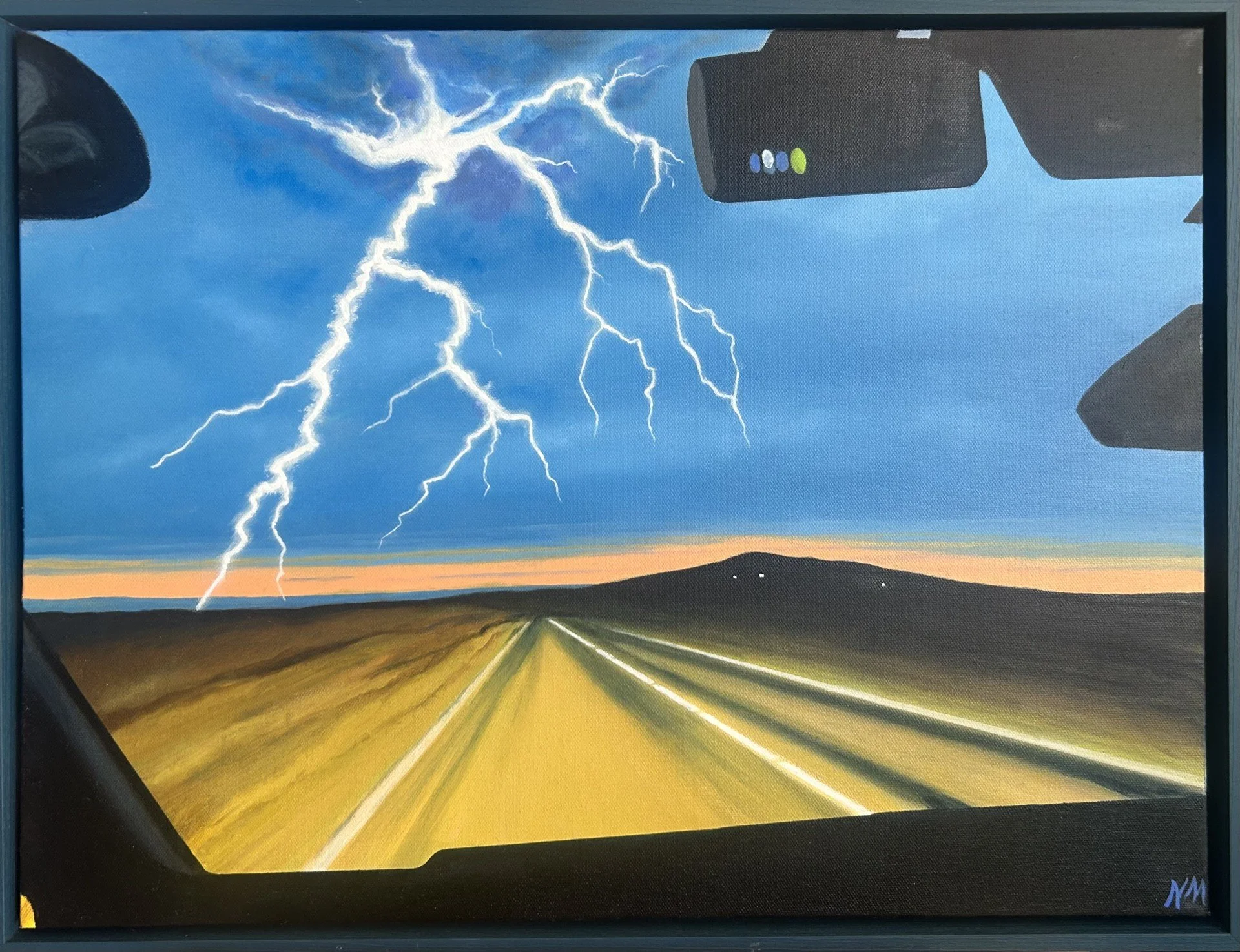 Painting of an empty road at night with a lightening strike across the road with a foreboding sunset to night. Expected UAP energy.