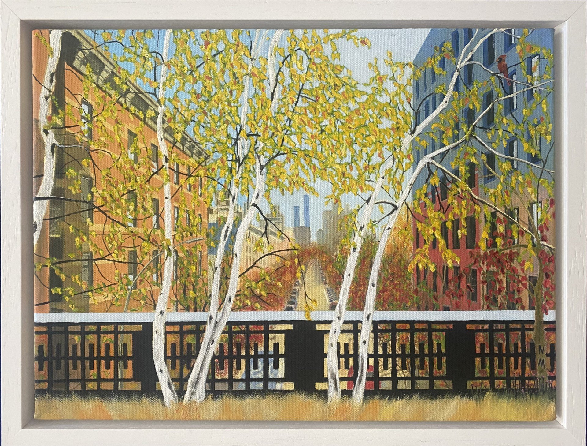 Painting of an urban scene with white-barked trees with yellow leaves in the foreground, buildings with colorful facades, and a black fence in the background. Highline NY.