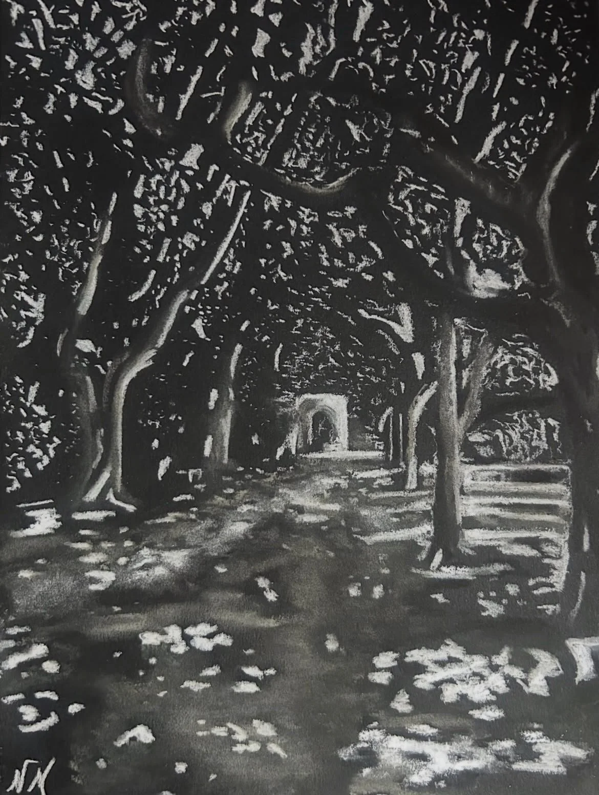 A black and white drawing depicting a pathway under a canopy of trees with leaves scattered on the ground of an old Roman cemetery in Arles, France. At the end of the pathway, there is a small arch; Van Gogh painted here.