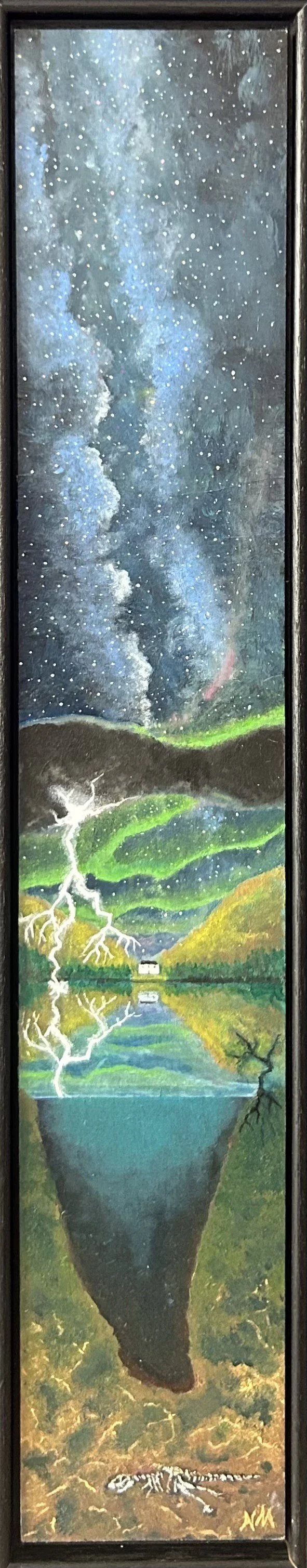 A vertical painting of a landscape with a starry night sky, the Milky Way, mountains, a lake, lightning, trees, and dinosaur fossil in the foreground. Dreamscape.