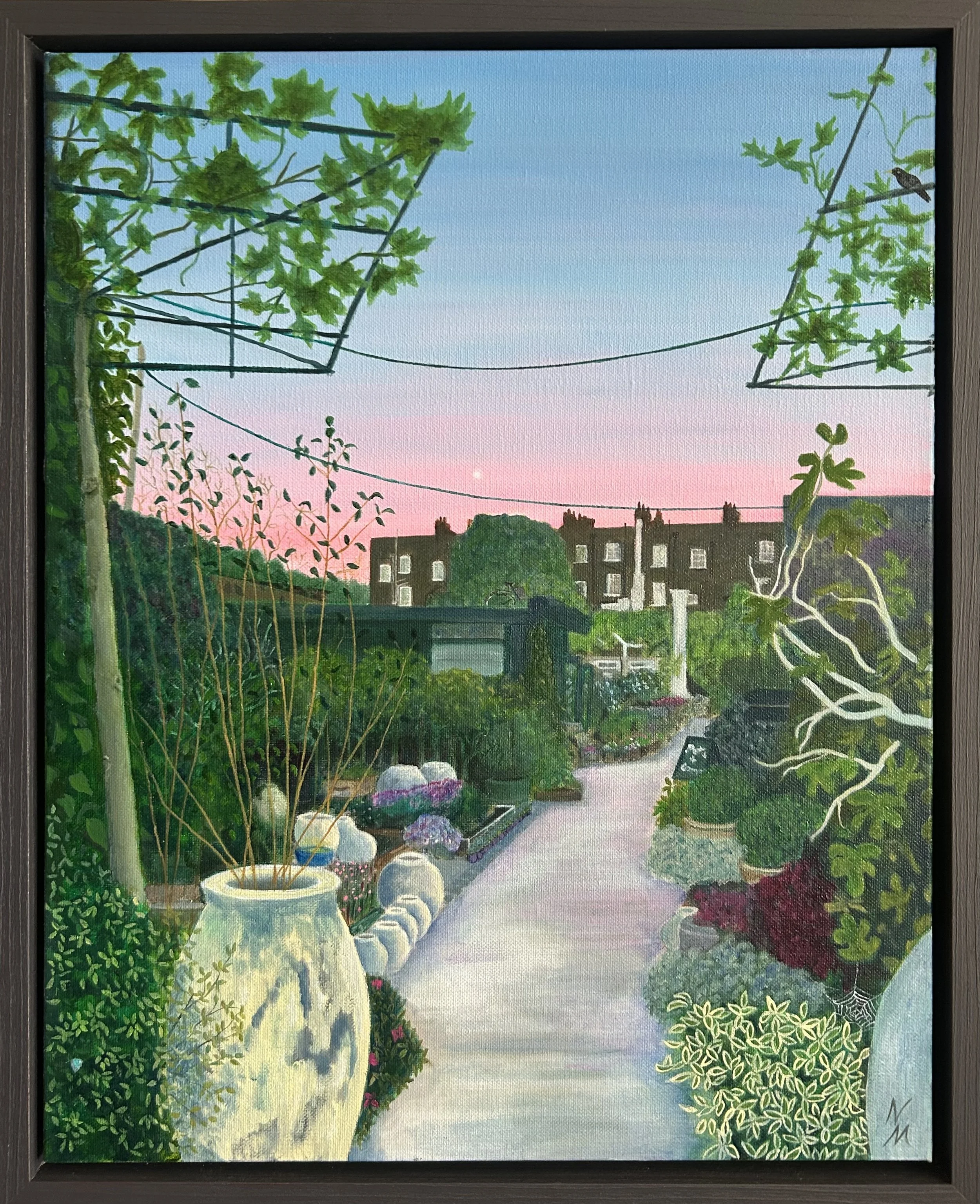 A painting depicting a London garden scene with lush greenery, flowering plants and Saturn glimpsed in a pastel-colored sky at dawn, , with houses in the background.