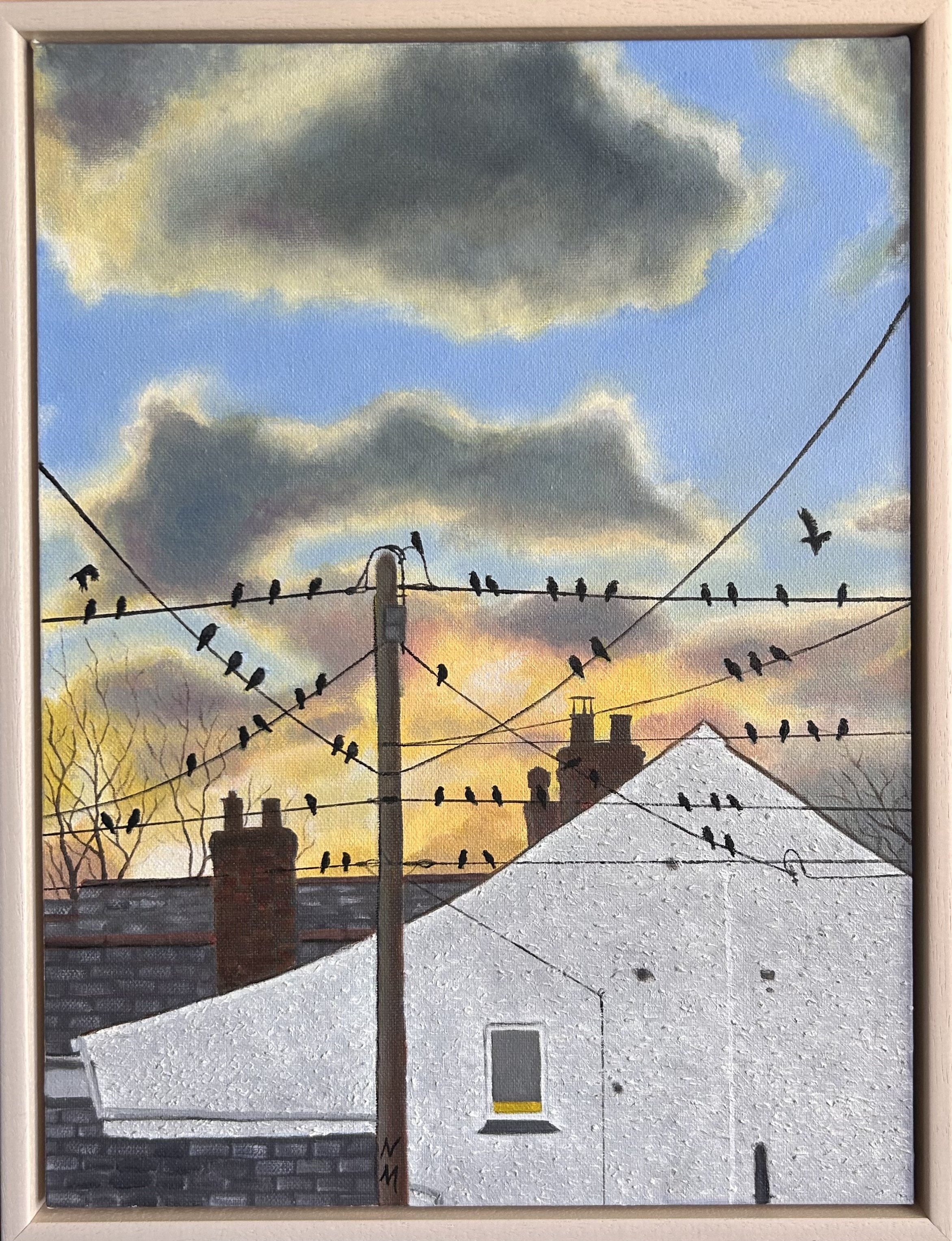 A painting of a Cornish neighborhood rooftop scene at sunrise, showing rooftops, chimney stacks, and power lines with jackdaw birds perched on them, against a cloudy sky with patches of blue and a warm glow on the horizon.