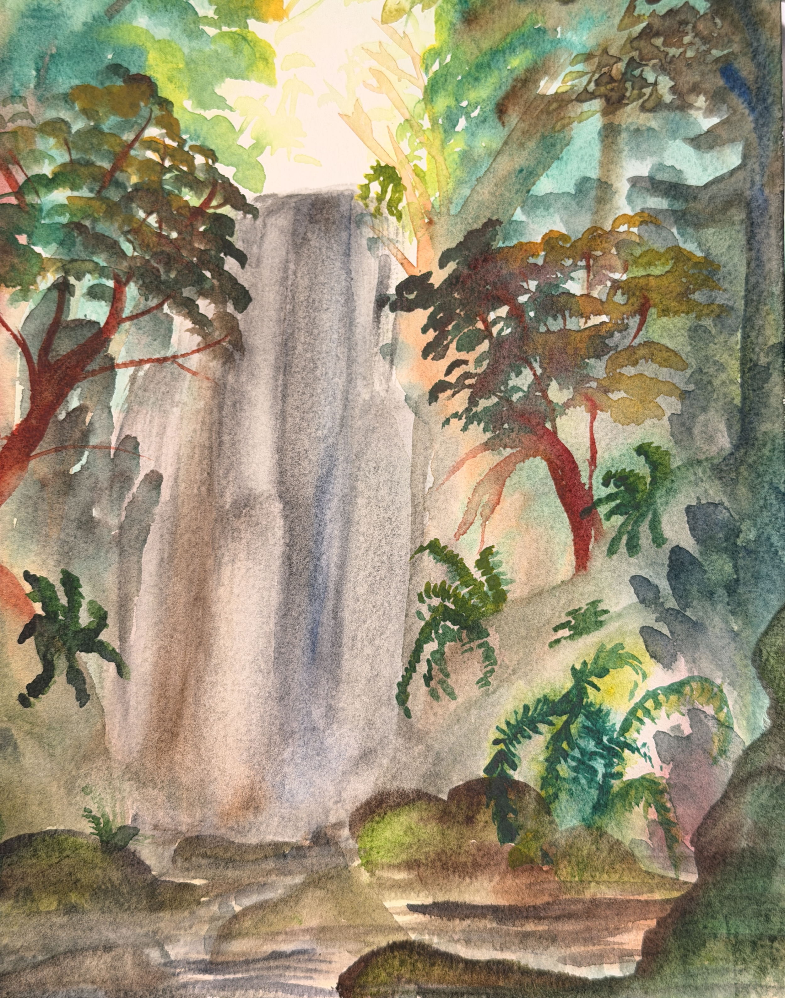 A watercolor painting of a lush forest scene featuring tall trees with green and reddish leaves, a waterfall in the background, and a rocky terrain at the base of the trees.