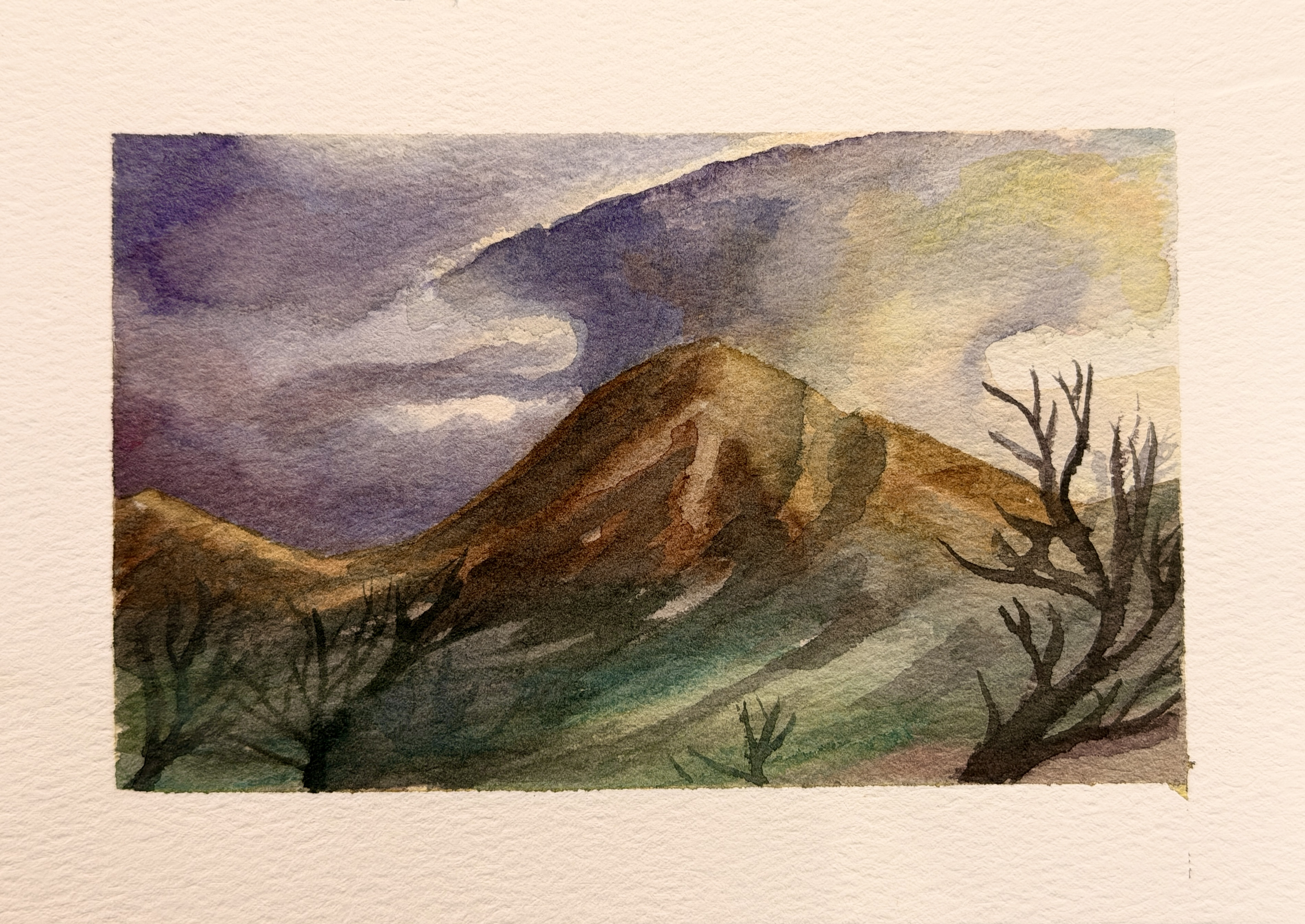 A watercolor painting of a mountain landscape with dark trees in the foreground, rolling hills, and a cloudy sky in shades of purple, blue, and yellow.