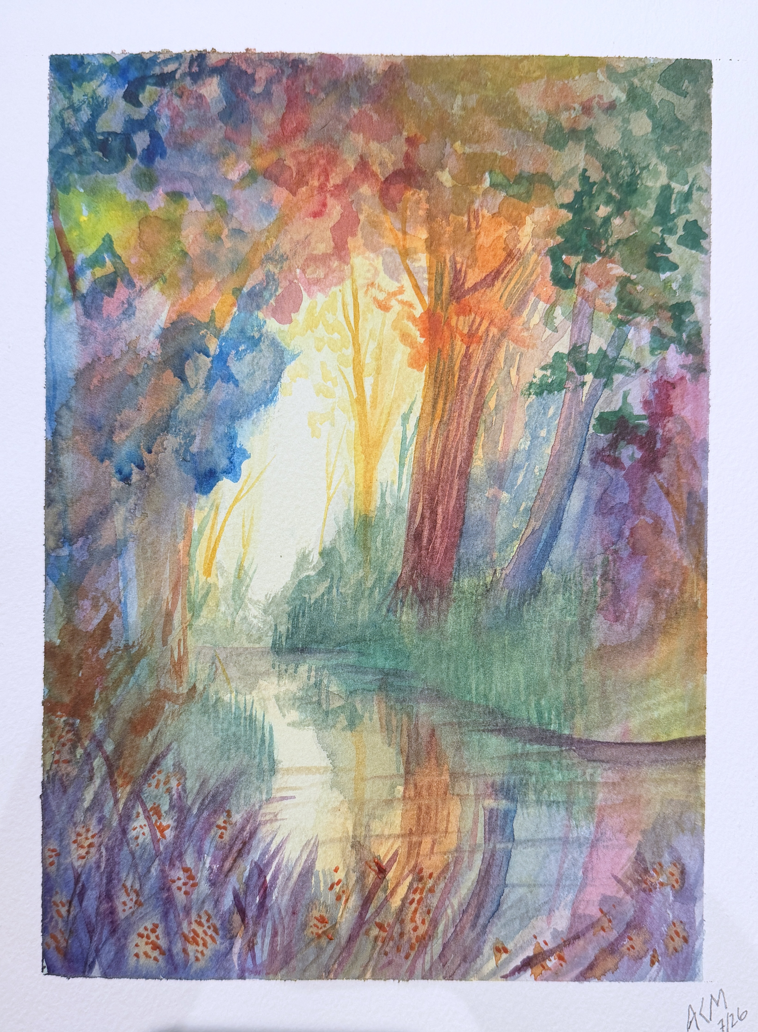 A colorful watercolor painting of trees with orange, green, blue, and purple foliage, and a pathway with red and orange details creating a whimsical, impressionistic landscape.