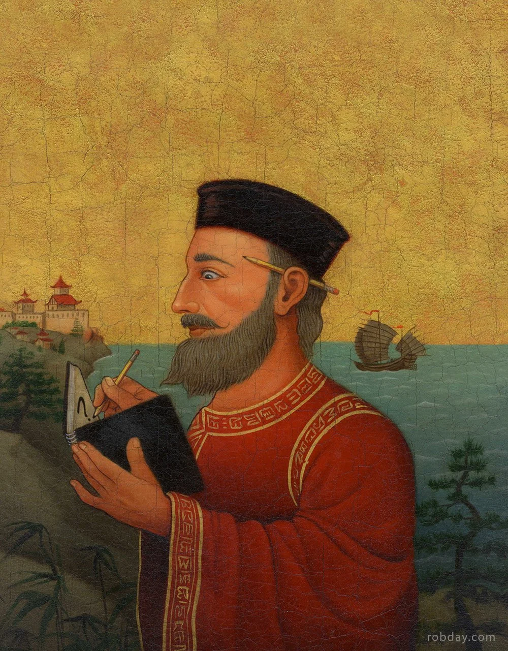 Illustration of explorer, Marco Polo created for an airline in-flight magazine. Oil on paper, 10"x15"
