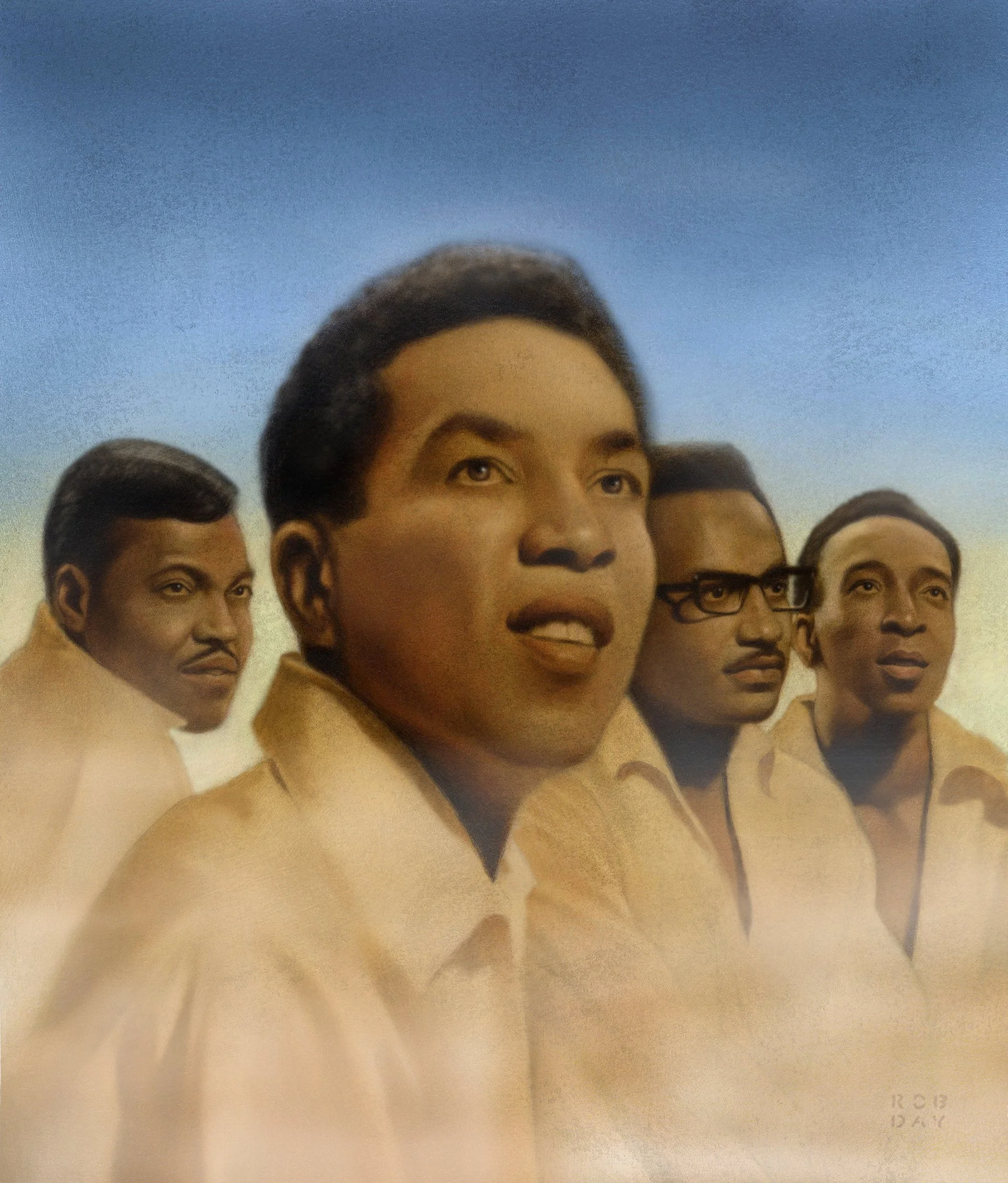 Portrait of Smokey Robinson & The Miracles commissioned and published in Rolling Stone Magazine, oil on gessoed arrival paper, 10"x16".