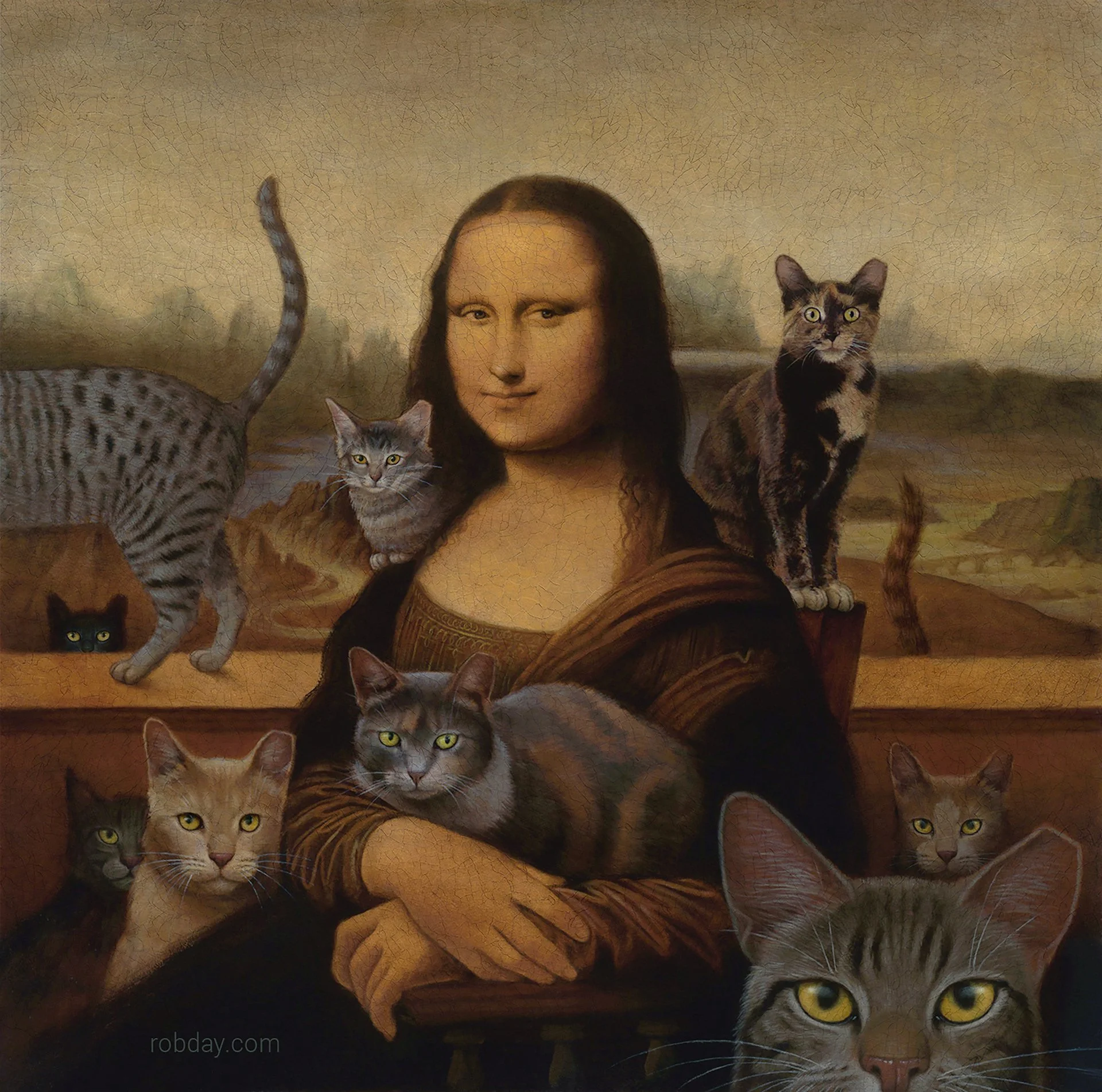 Mona With Cats, originally created as a cover for a fund-raising calendar, oil on panel, 16"x16"