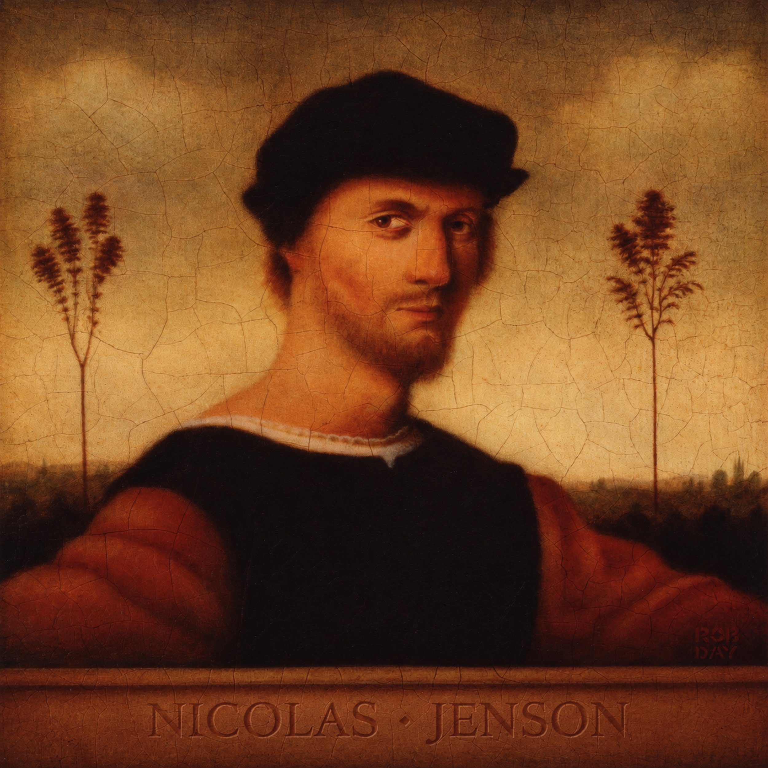 Portrait of historic typographer Nicolas Jenson. Oil on paper, 10" × 10". Commissioned by a graphic arts company.