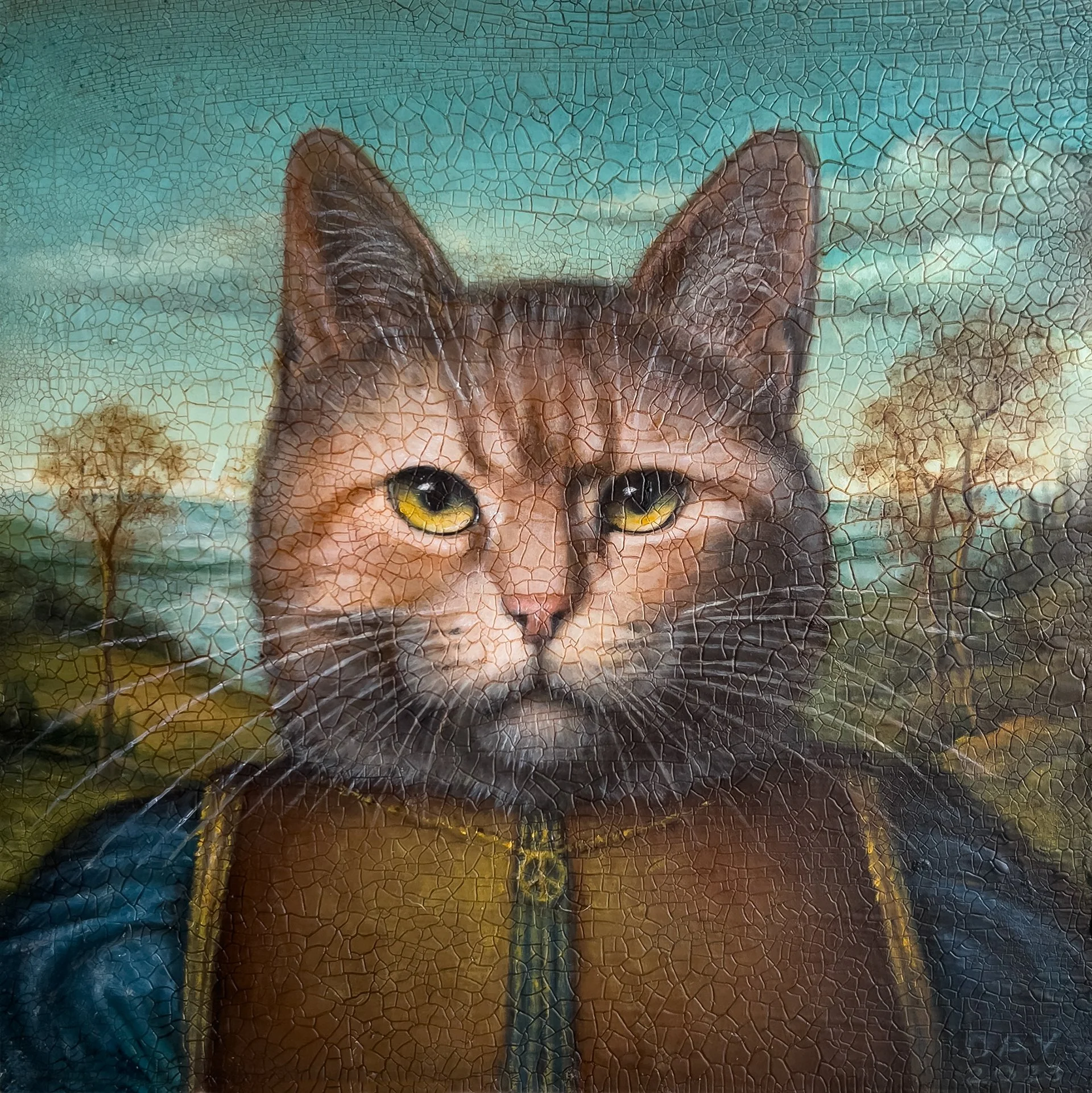 Close-up of a painted wooden surface with a cracked, vintage texture, depicting a scene of a cat outdoors with trees and a cloudy sky in the background.