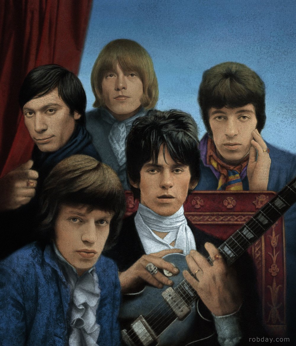 Portrait of The Rolling Stones commissioned by Rolling Stone Magazine for the Immortals issue - The Fifty Greatest Artists of All Time. Oil & mixed media on illustration board, 12"x14". Originally published ini Rolling Stone Magazine. The illustratio