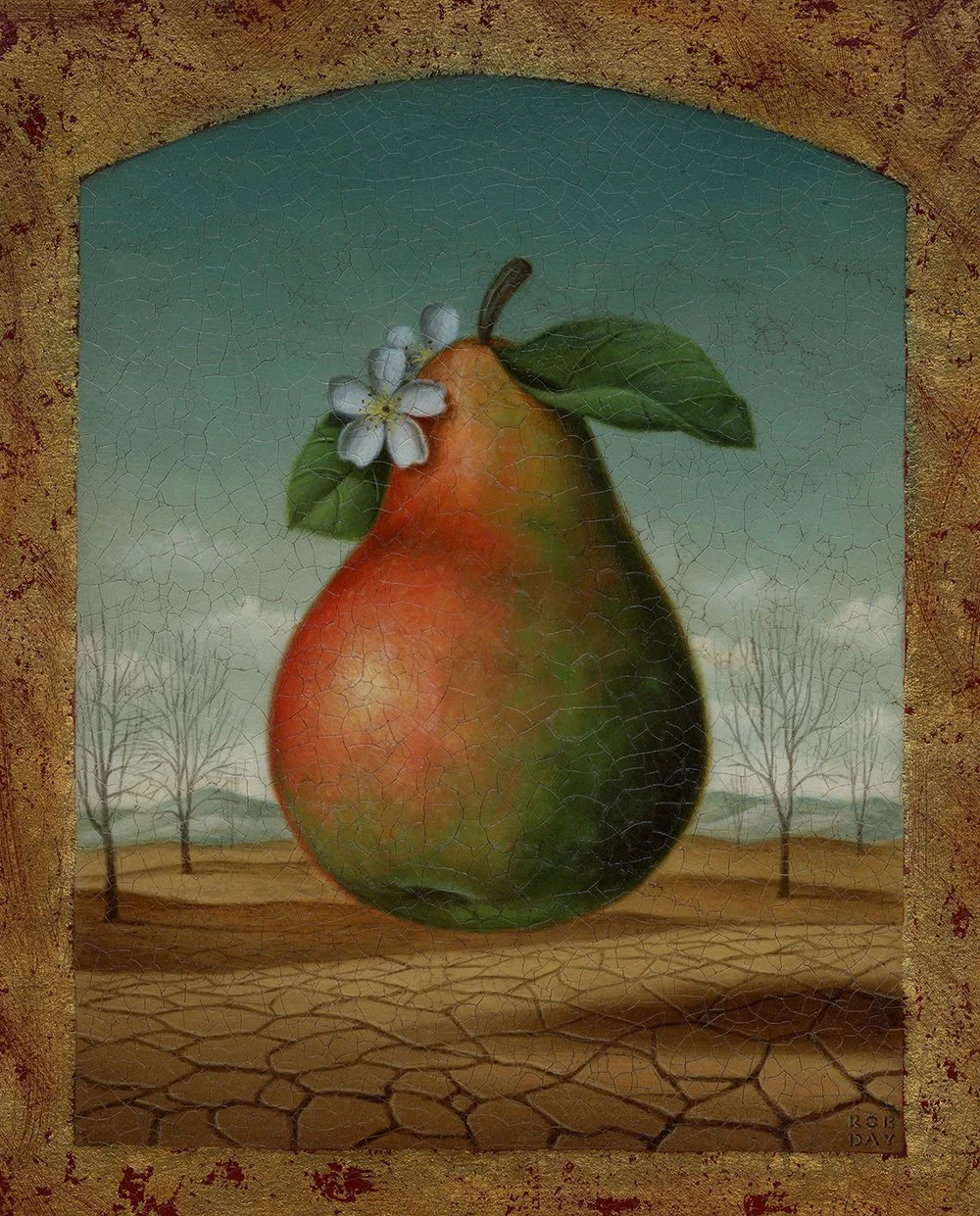 A painting of a pear with a flower and leaves, against a cracked, earthy background and leafless trees in the distance.