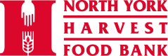 Logo for North York Harvest Food Bank featuring a stylized red barn and wheat stalks.