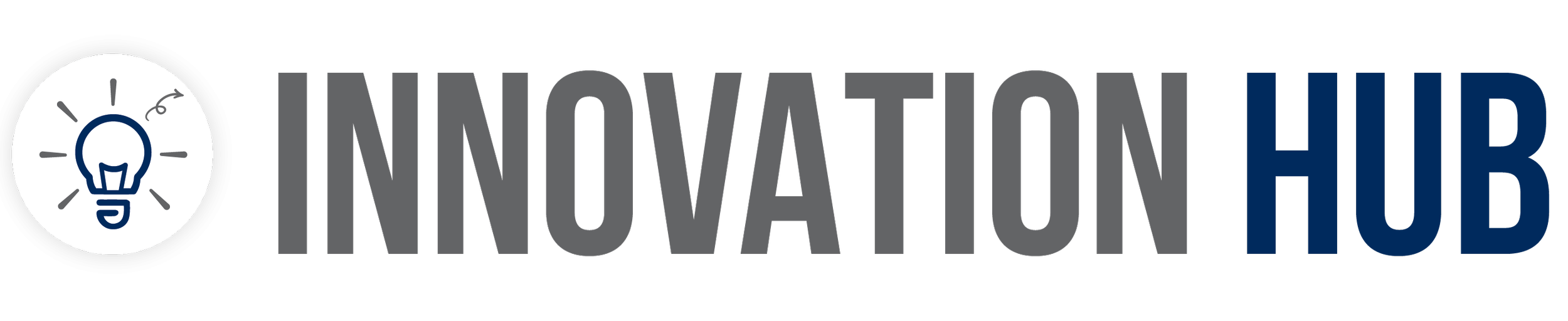 Logo for Innovation Hub featuring a white circle with a blue light bulb icon and the words "INNOVATION HUB" in black and blue text.