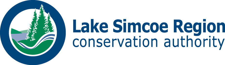 Logo of Lake Simcoe Region Conservation Authority featuring a circular emblem with pine trees, water, and hills, alongside text