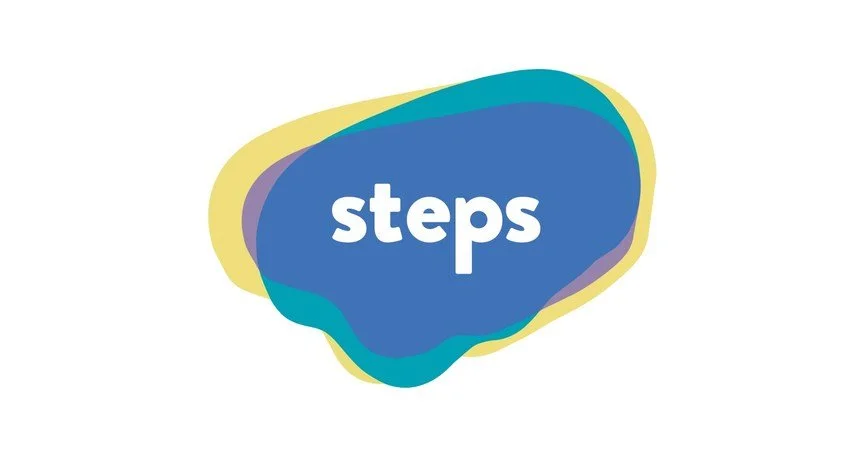 Colorful spoken word graphic with the word 'steps' in white lowercase letters on a blue background, surrounded by layered, abstract shapes in yellow, blue, purple, and teal.