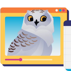 Animated illustration of a snowy owl on a computer screen