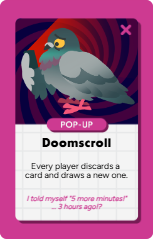 A bird holding a card in its beak, with a purple and pink background, indicating a pop-up event for the Doomscroll card game.