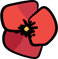 A stylized red poppy flower with black and yellow center and black outlines.