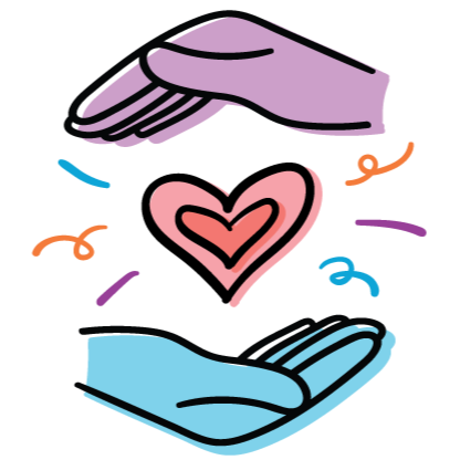Illustration of three hands surrounding a heart, representing care or love.