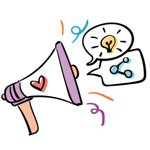 A colorful illustration of a megaphone with a heart symbol, emitting speech bubbles containing a lightbulb and a network diagram, surrounded by celebratory lines.