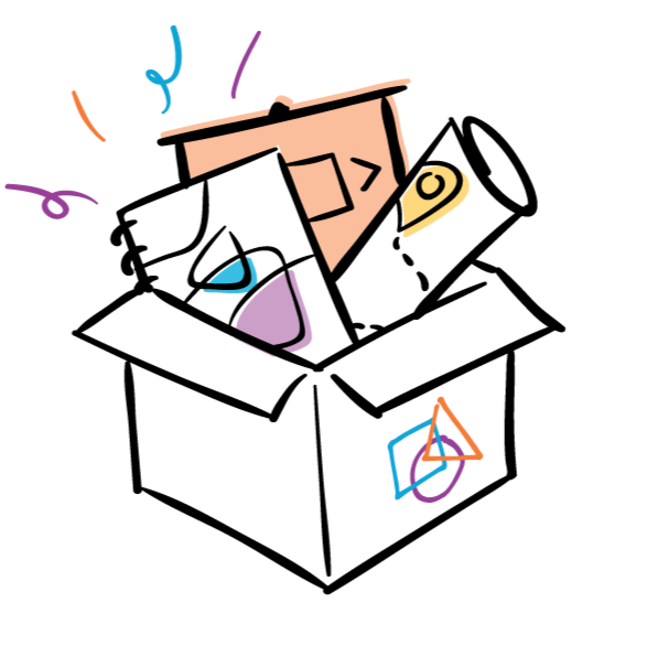 Open box with various art supplies and tools spilling out, including a ruler, a paintbrush, a pencil, and geometric shapes.