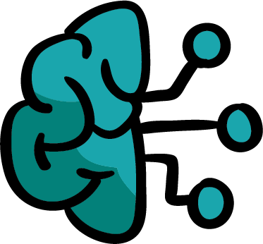 A stylized illustration of a human brain with digital-like dots moving away from it.