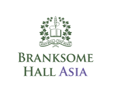 Branksome Hall Asia logo with a shield and plant design, featuring green and purple text.