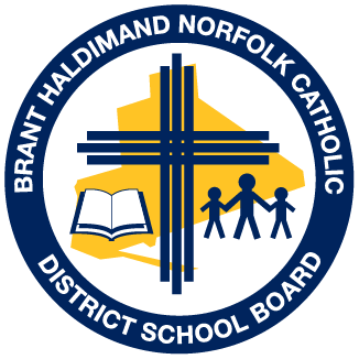 Brant Haldimand Norfolk Catholic District School Board logo with cross, open book, and three children holding hands.