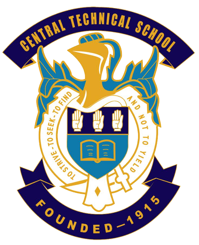 Seal of Central Technical School featuring a phoenix, three raised hands, an open book, and a key, with the founding year 1915.