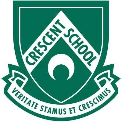 Crescent School logo with a shield, a crescent moon, and the Latin motto 'Veritate Stamus et Crescimus'