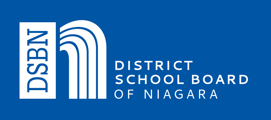 Logo of the District School Board of Niagara with the initials DSBN and a stylized rainbow, on a blue background.