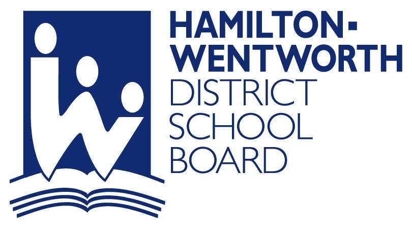 Logo of Hamilton-Wentworth District School Board featuring stylized open book and three abstract figures, with the organization's name in bold blue text.