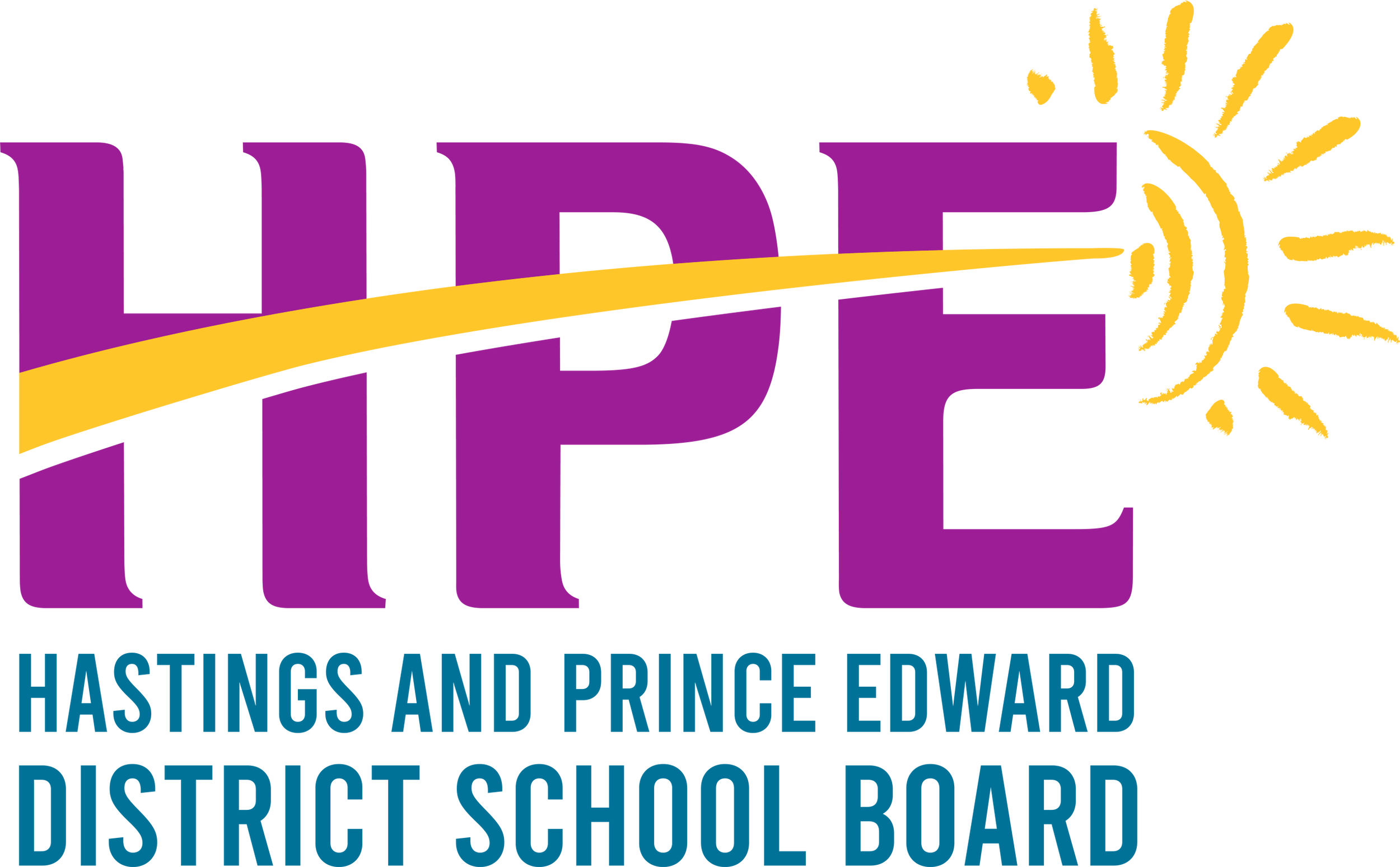 Hastings and Prince Edward District School Board logo with purple text and a yellow sun design.