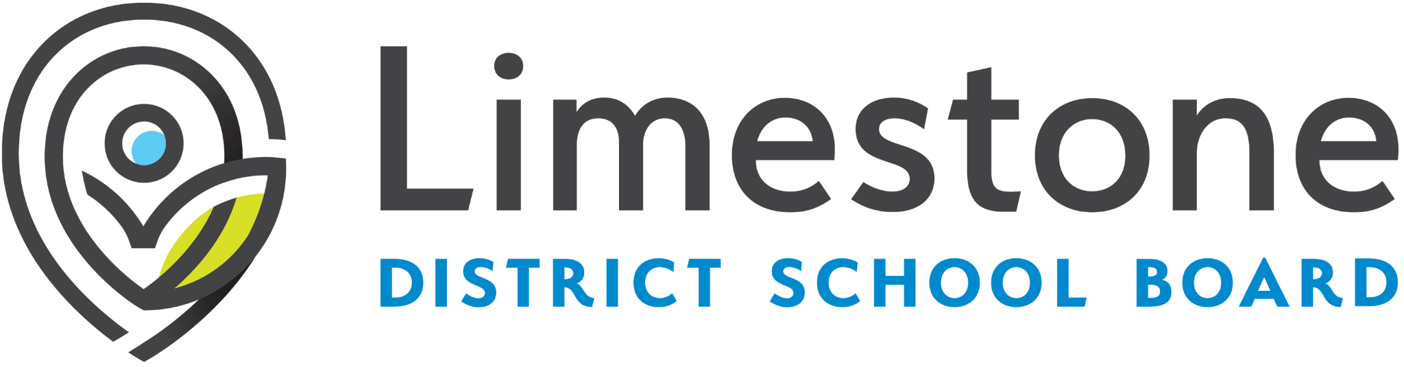 Logo of Limestone District School Board featuring a stylized map pin with concentric circles and a leaf, alongside the text 'Limestone' in large black letters and 'DISTRICT SCHOOL BOARD' in smaller blue letters.