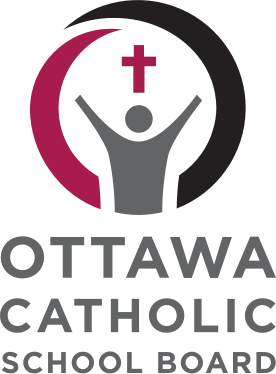 Logo of Ottawa Catholic School Board, featuring a stylized figure with raised arms, a cross above, and the name beneath.