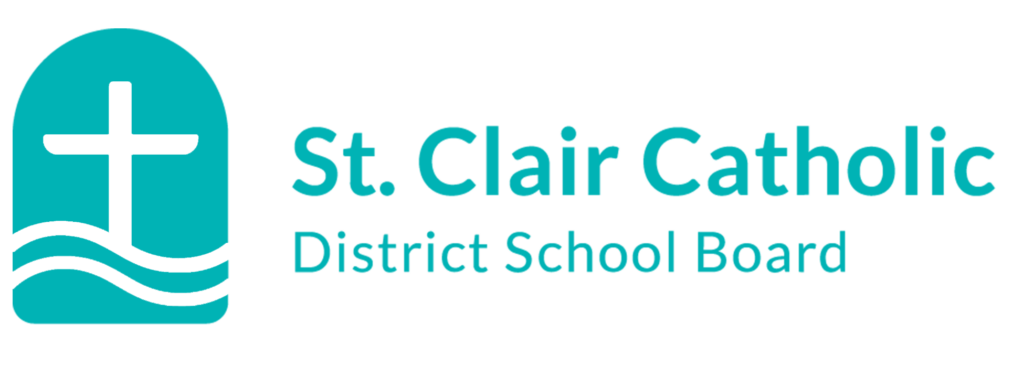 Logo of St. Clair Catholic District School Board featuring a white cross and wavy lines on a teal background with the organization's name.