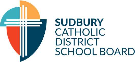 Logo of the Sudbury Catholic District School Board featuring a stylized shield with a cross and color blocks in orange, blue, and red.
