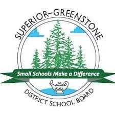 Green logo with the text 'Superior-Greenstone District School Board' and a slogan 'Small Schools Make a Difference' surrounded by trees and water imagery.