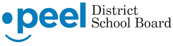 Logo of Peel District School Board with blue dot and large blue 'peel' text, followed by smaller black text 'District School Board'.