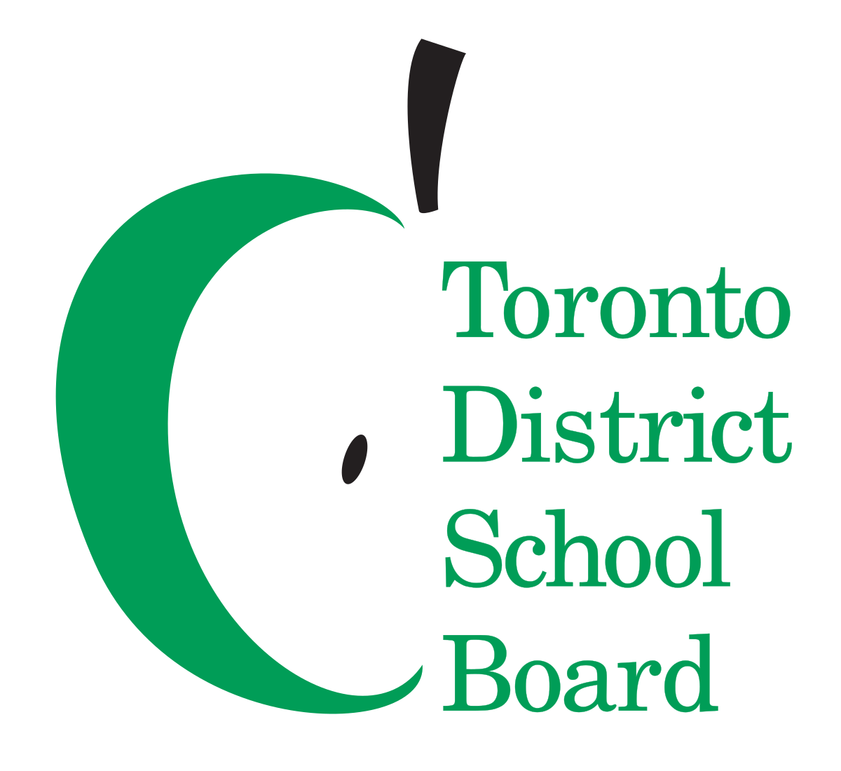 Logo of Toronto District School Board featuring a green and black crescent shape with black accents and text.