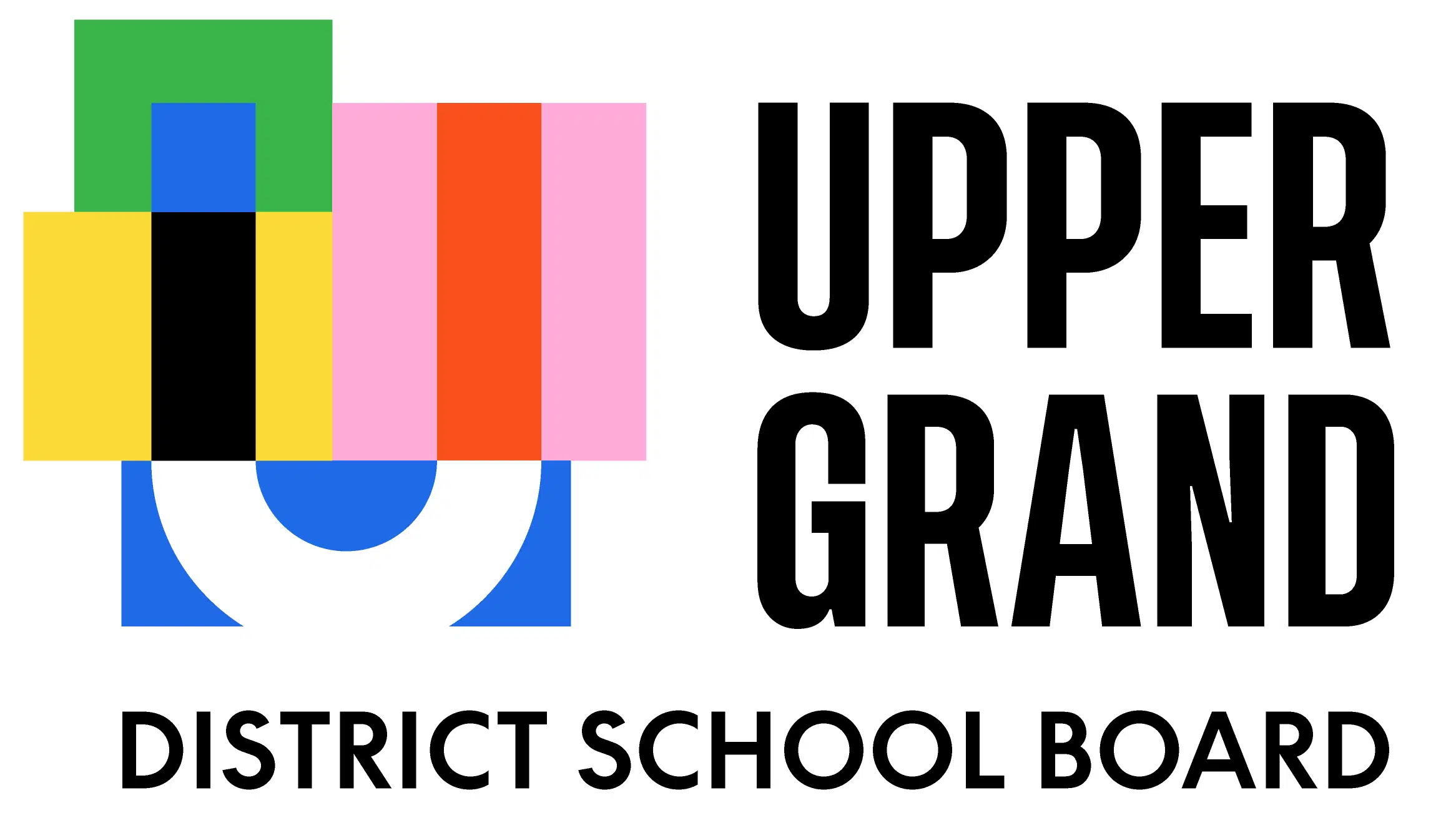 Colorful geometric shapes and the words "UPPER GRAND DISTRICT SCHOOL BOARD" in bold black text.