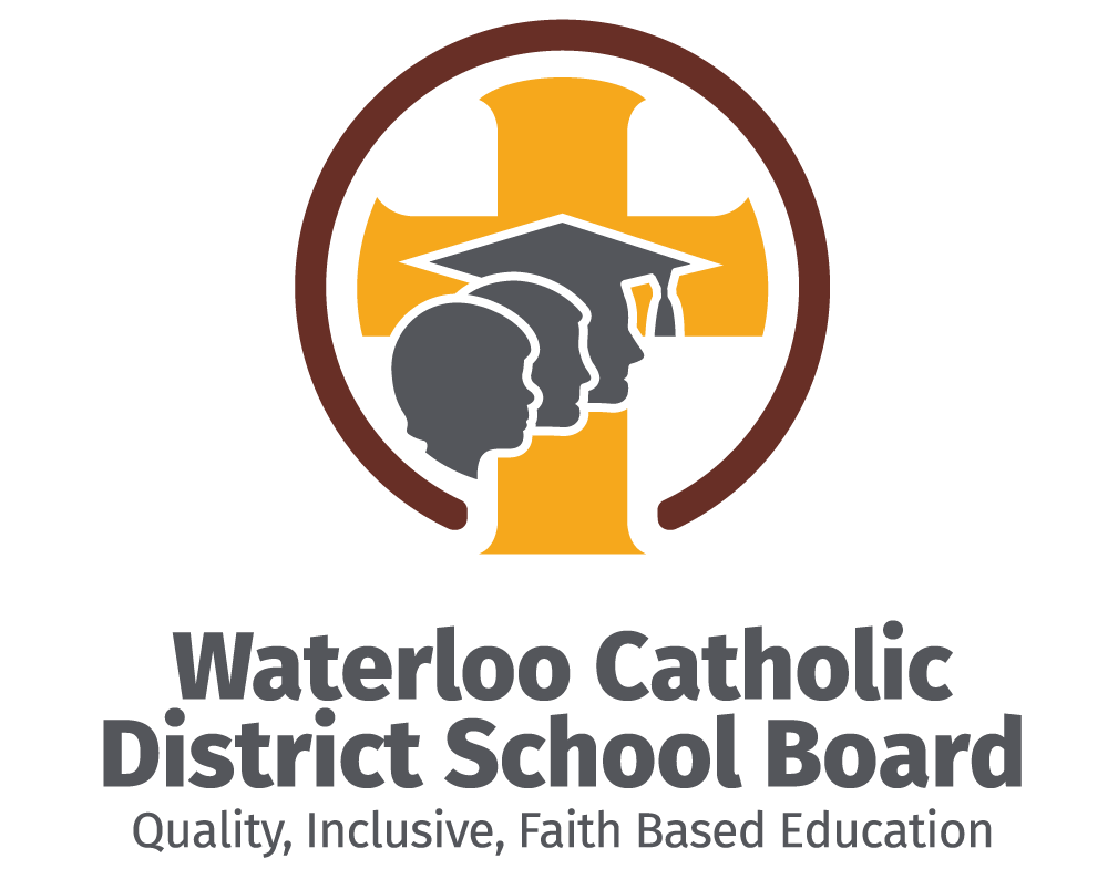 Logo for Waterloo Catholic District School Board featuring three gray human heads, a gray graduation cap, and a brown cross with an orange background; the text reads "Waterloo Catholic District School Board" with the tagline "Quality, Inclusive, Faith Based Education."