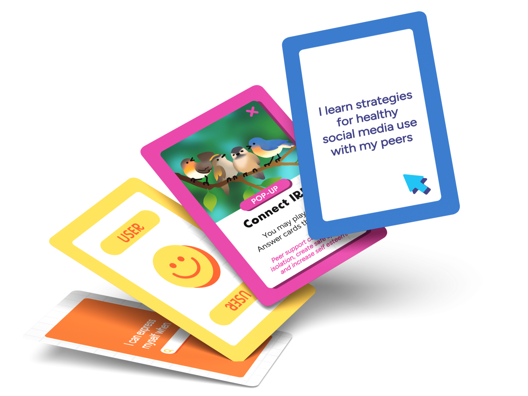 Set of colorful conversation and educational cards with text about strategies for healthy social media use, connecting IRL, and understanding facial expressions.
